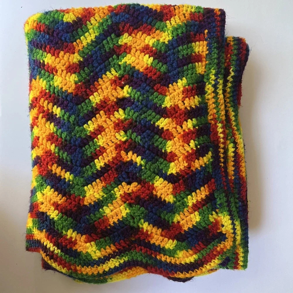 Rainbow Chevron Afghan Blanket 60x49 VTG boho Handmade Crochet Colorful Throw